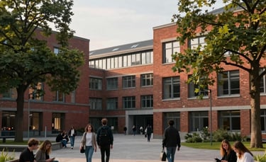 A wide shot of a modern German university campus courtyard with historical brick architecture in the background. Students are walking and sitting on benches under large trees. Soft morning light, professional photography style, Central European / German setting. Accents of crimson and forest green in the environment.