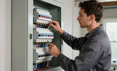 A professional North American electrician in a dark gray uniform inspecting a modern electrical circuit breaker panel in a well-lit residential basement. The lighting is crisp and clear, highlighting the clean wiring and high-quality tools. Cinematic photography, wide shot.