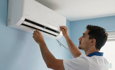 Professional South American technician in a clean uniform installing a modern white air conditioning unit on a light blue wall, bright and airy Brazilian apartment, natural lighting, soft blue and white tones with subtle ice crystals in the background air.