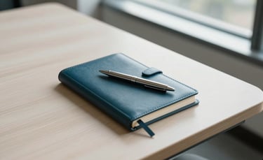 A professional, minimalist North American office setting. High-angle photography of a clean wooden desk with a leather notebook and a sleek silver pen. Soft natural morning light coming through a large window, creating a trustworthy and sophisticated atmosphere. Colors include off-white and dark teal.