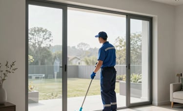 Wide shot of a modern North American living room where a professional cleaner in a neat uniform is polishing glass patio doors. Soft morning daylight illuminates a clean, minimalist interior. Style is architectural and crisp, using light gray and steel blue tones.