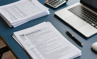 A clean, high-angle photograph of an organized desk in a North American / US Hispanic home office. Neatly stacked tax forms, a digital calculator, and a pen are arranged beside a laptop. Professional lighting, trustworthy atmosphere, with deep blue and off-white accents.