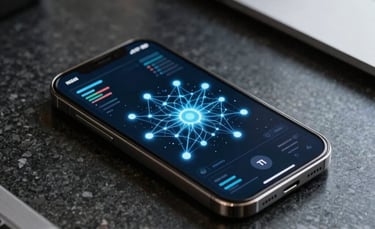 A high-end, minimalist close-up of a sleek smartphone screen displaying complex data streams and AI neural network patterns, set on a dark granite desk in a European corporate office. Lighting is futuristic with blue and soft white highlights.