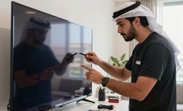 A professional technician in a modern Middle Eastern / Gulf apartment in Al Nahda, Dubai, carefully inspecting a large LED TV. The lighting is bright and natural, reflecting a clean and efficient service environment with tools neatly placed nearby.