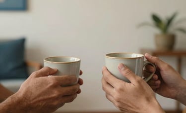 Close-up of two people's hands holding warm ceramic mugs during a calm conversation. The setting is a serene Latin American counseling room with off-white walls and muted blue decorative elements, creating an atmosphere of trust.