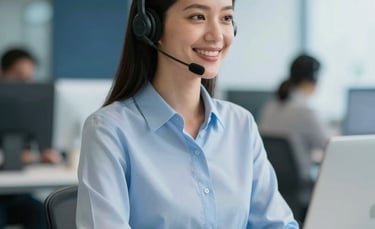 A professional South American Brazilian customer service representative wearing a sleek modern headset, smiling confidently while working at a clean, white desk in a brightly lit, modern office. The background is slightly blurred with soft blue tones of ice blue and navy.