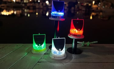 solar powered marine LED dock lights  - waterproof, constant-on or flashing options