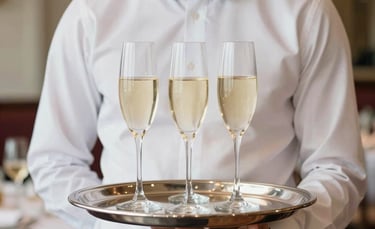 Editorial photography of a professional server in a crisp white shirt and black bow tie, holding a polished silver tray with champagne flutes in a high-end North American banquet hall with soft, elegant lighting.