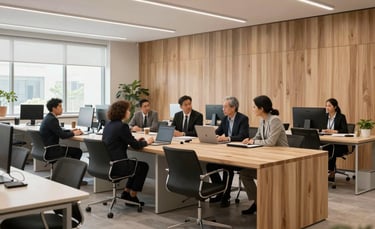 A high-end, contemporary workspace in North America with clean lines, natural wood elements, and professional staff engaged in a purposeful discussion.