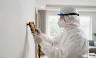 Professional mold inspector in a North American home, wearing white protective gear and a mask, using a digital moisture meter on a wall in a brightly lit modern living room, crisp architectural photography style.
