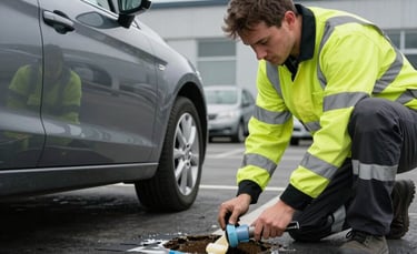 A professional repair technician in high-visibility safety attire applying cold-applied MMA resin to a small pothole in a slate-gray car park. The setting is a clean, modern facility in the UK during an overcast day with soft, even lighting.
