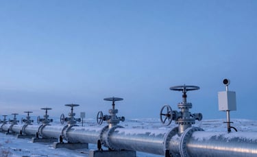 A wide shot of massive industrial gas pipelines covered in frost and snow across a desolate tundra in Northern Europe. The lighting is the cool blue of a polar twilight. High-tech sensors and polished steel reflect a soft electric blue light. Minimalist and professional composition.