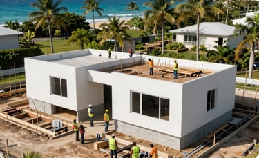 A high-angle professional photograph of a modern residential construction site in a lush Caribbean coastal setting. Workers in safety vests are coordinating on a clean foundation under the bright Jamaican sun. The architecture features clean lines and large window openings, with a background of turquoise sea and palm trees.