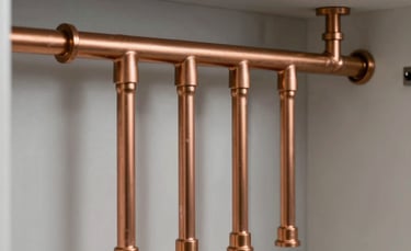 Photographie professionnelle d'une installation technique propre de plomberie en cuivre dans une maison moderne de la région Grand Est. Les tuyaux sont parfaitement alignés sur un mur gris clair, illustrant la précision technique de l'artisan. Éclairage naturel et netteté exceptionnelle, style épuré et sérieux.