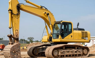 A high-resolution photograph of a heavy yellow crawler excavator parked on a graded dirt construction site in North America. Crisp daylight, clear steel blue sky, and professional industrial photography.