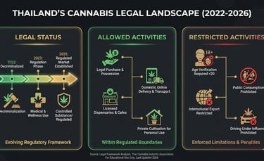 Infographic chart explaining cannabis legal status in Thailand, including allowed sales, online delivery rules, restrictions,