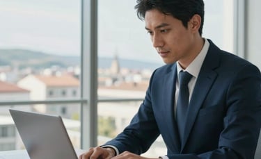 A sharp, clean photography of a professional financial consultant working on a laptop in a bright, modern corporate office with large windows overlooking a city in the Iberian Peninsula. The atmosphere is professional and secure, using a palette of dark blue and pale blue. Natural daylight lighting.