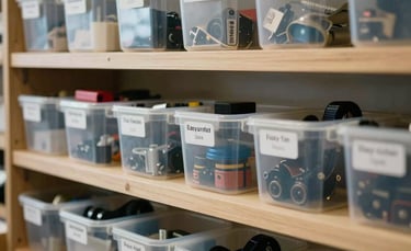 An organized North American craft space with neutral tones, featuring clear storage containers and easy-to-read labels for all equipment.