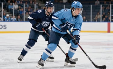 An action shot of two collegiate hockey players in dark navy blue and sky blue uniforms during a intense game. The composition is focused on the movement and athletic excellence, with professional stadium lighting reflecting off the ice surface. The setting is a North American / US Southern collegiate arena.