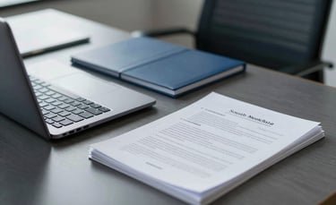 Professional South American office environment with a focus on a high-end, organized desk. A sleek laptop and neatly arranged property documents are visible. The lighting is bright and professional, incorporating brand colors of dark blue and light gray. The vibe is modern and efficient.