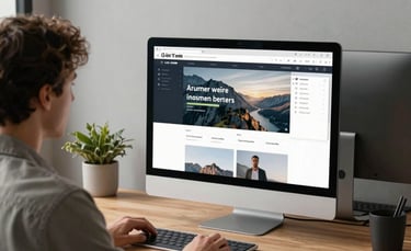 A clean, minimal North American / US digital agency workspace with natural lighting. Two professionals are collaborating on a sleek workstation, focusing on a website design layout displayed on a large high-resolution monitor. The aesthetic is sophisticated and calm, with warm wood accents and light grey tones.