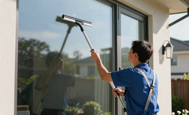 A professional window cleaner using a squeegee on a large residential window of a modern North American home. Bright morning sunlight, clear blue sky reflected in the glass, with a lush green garden in the background.