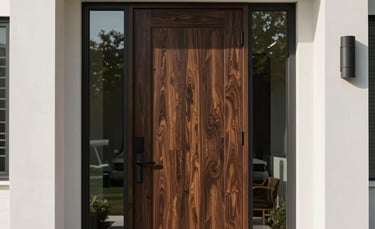 A high-end, contemporary residential front entry door made of rich dark wood and glass, set in a modern North American home with clean architectural lines and bright daylight.