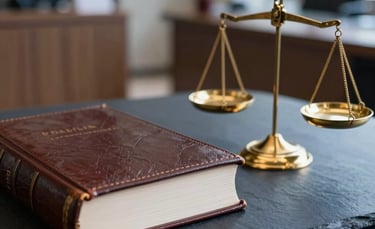 A close-up photograph of a classic leather-bound law book and a set of gold scales of justice resting on a dark slate blue surface. The lighting is focused and elegant, reflecting the South American legal tradition in a contemporary Brazilian setting. Soft bokeh background of a high-end office.