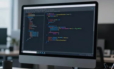 A sleek, minimalist computer screen displaying lines of Python code in a dark theme, modern office environment, North American / US setting, soft slate blue lighting, professional photography.