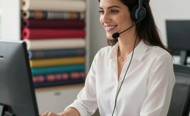 A professional South American woman wearing a modern headset, smiling warmly while working at a clean, organized desk in a bright office. In the background, blurred rolls of colorful textile fabrics are visible on a shelf, conveying a specialized customer service environment for the garment industry. Natural soft morning light.