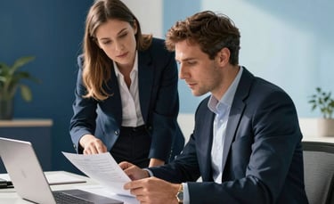 Professional Western European / French office environment with soft morning light. A professional consultant and an entrepreneur sit at a clean desk, reviewing financial documents and a laptop. The room is decorated with navy blue and sky blue accents, conveying trustworthiness and expertise.