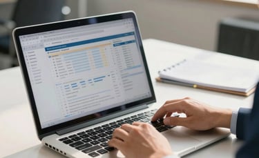A professional accountant working in a clean, modern South American office environment with soft morning light. The person is using a sleek laptop with financial software open, emphasizing a premium corporate atmosphere. Color palette includes steel blue and soft gold accents.
