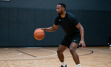 Professional male basketball coach in a minimalist modern indoor court, teaching advanced dribbling drills. Cinematic lighting, North American context, clean and premium atmosphere with deep blue and charcoal accents.