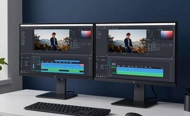 A high-end, minimalist workstation in a North American home office featuring dual monitors displaying professional AI-driven video editing timelines. The room has sophisticated deep navy blue accents and clean, innovative lighting.