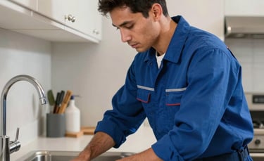 A professional North American plumber in a neat deep blue uniform working efficiently under a modern kitchen sink in an Orlando home. Bright, clean indoor lighting with light gray and off-white surroundings.