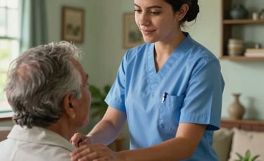 A professional nurse in a clean uniform providing care to an elderly patient in a warm, domestic South American home environment in Bucaramanga, Colombia. Natural soft lighting, high-quality photography, with soft blue and green accents in the decor.