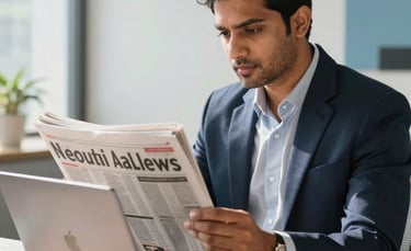 A focused South Asian &amp;amp;#x2F; Pakistani professional in a modern office, reviewing current newspaper job listings on a high-end laptop screen. The environment is clean and brightly lit with natural sunlight, featuring a professional and trustworthy atmosphere with hints of Navy and Light Blue-Grey in the decor.