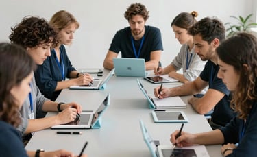 Professional photography of an adult learning workshop in a bright, modern Lisbon studio. European participants are collaborating around a large table with notebooks and pale blue digital tablets. The atmosphere is focused and accessible, featuring light grey and deep blue accents under natural soft lighting.
