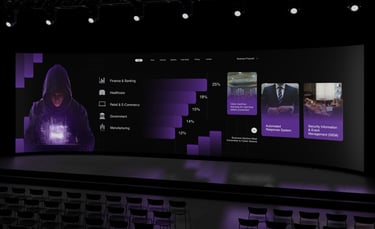 Teknoloji ve dijital dönüşüm temalı etkinlikler için tasarlanan sahne ve sunum görselleri