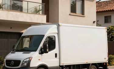 A clean, white modern moving truck parked in front of a contemporary South American residential building. The scene is bathed in warm, soft sunlight, conveying a sense of organized and calm transition. Professional and trustworthy atmosphere.