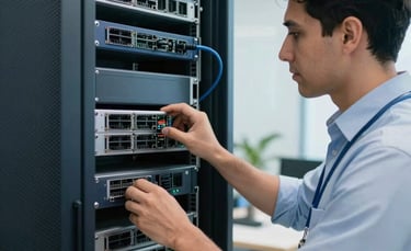 A professional technician in a modern South American office environment configuring a network server rack, natural daylight, focused and reliable atmosphere, featuring dark blue and white tones.