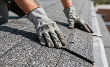Close-up photography of a professional roofer's hands in industrial gloves repairing asphalt shingles on a NYC rooftop. The lighting is bright and clear, highlighting the durable steel gray texture of the materials and a hint of a yellow safety vest. North American / NYC setting.