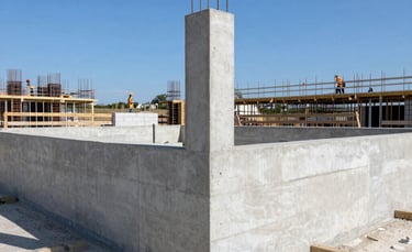 A professional construction site in Meyreuil, France, showing a solid concrete foundation and masonry work. Clear blue sky, bright daylight. Focus on the durability and precision of the structural elements. Professional workers in safety gear visible in the distance.