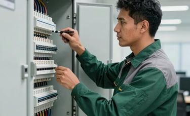 A professional South American electrician in a clean dark green and grey uniform inspecting a modern electrical panel in a bright, high-tech industrial office. Professional photography, sharp focus, natural daylight.