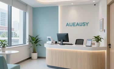 A bright and welcoming modern medical clinic interior in a North American / US city, featuring clean lines, soft light blue and off-white decor, and a professional, empathetic atmosphere.