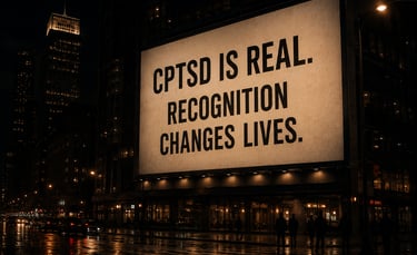 Billboard displaying the message "CPTSD Is Real. Recognition Changes Lives." to raise awareness of C