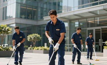 A professional South American / Brazilian janitorial team in crisp, navy blue uniforms cleaning a high-end, modern glass-walled corporate office during the day with bright, natural sunlight. Sophisticated architecture.