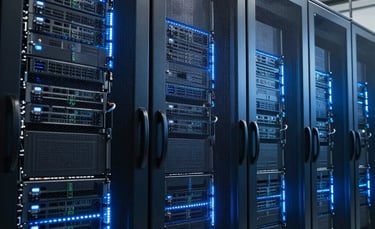 High-end photography of a secure North American / US data center with glowing navy and steel blue server racks. The lighting is crisp and professional, emphasizing a sense of absolute security and high-tech reliability.