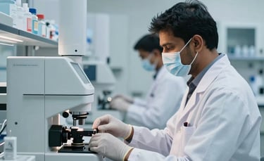 Photography of a modern clinical laboratory in Bangalore. South Asian researchers in white coats and masks work with high-tech equipment under pale blue and white lighting. Professional, sterile environment.