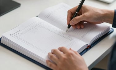 A photograph of a professional's hands carefully organizing printed transaction logs into a navy blue binder, shot in a bright North American office.